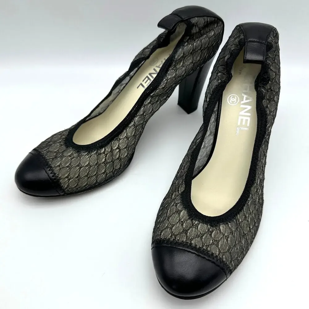 CHANEL Black Lace & Leather Elastic Heel Pumps Cap Toe IT 38.5